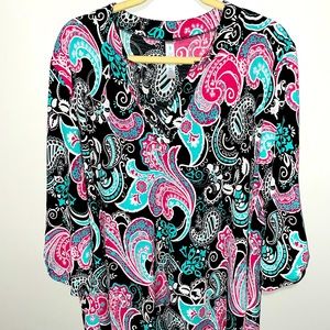 Women’s black, pink, and teal paisley v-neck tunic top